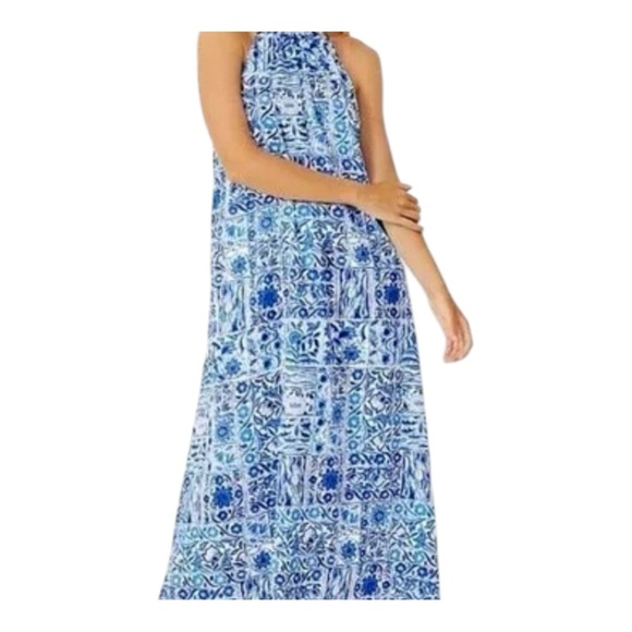 Stunning Ann Taylor Tile Tie Mock Neck Maxi Dress With pockets! 🔵⚪️ Large - Picture 3 of 9
